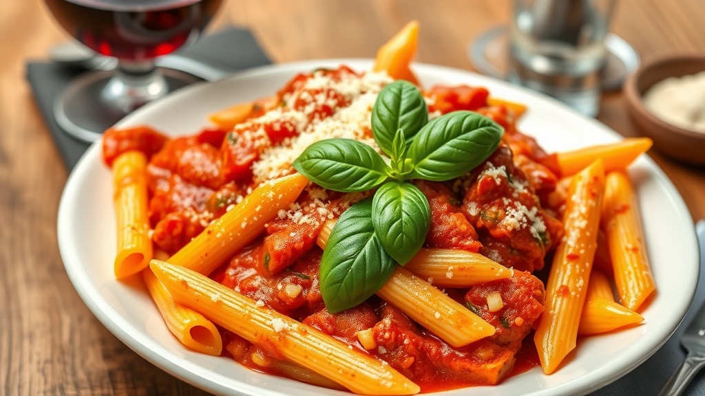 Spicy Penne Arrabbiata Recipe A serving of Penne Arrabbiata with spicy tomato sauce, basil, and Parmesan on a rustic wooden table.